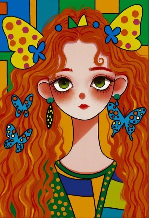 serious expression, long wavy orange hair, colorful geometric crown, blue polka dot butterfly earrings, simple necklace, yellow and green patterned clothing, semi-profile pose, looking slightly downward, smooth skin, vibrant background with abstract shapes...