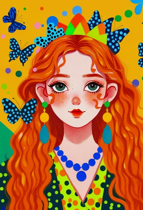 serious expression, long wavy orange hair, colorful geometric crown, blue polka dot butterfly earrings, simple necklace, yellow ...