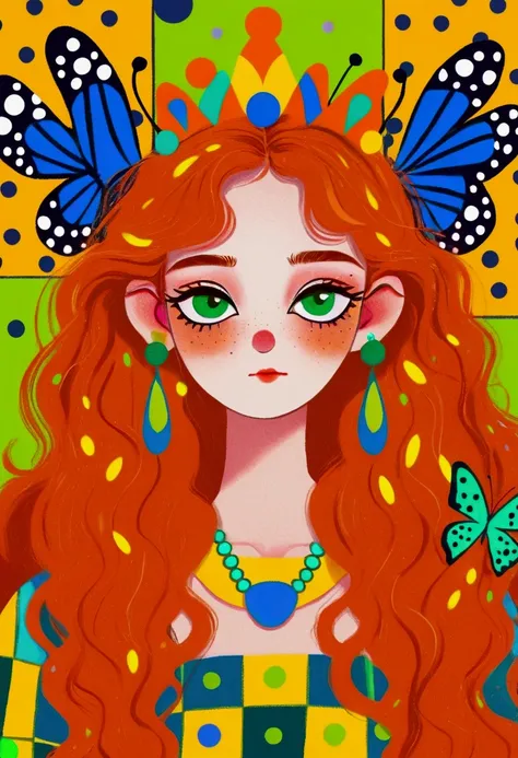 serious expression, long wavy orange hair, colorful geometric crown, blue polka dot butterfly earrings, simple necklace, yellow and green patterned clothing, semi-profile pose, looking slightly downward, smooth skin, vibrant background with abstract shapes...