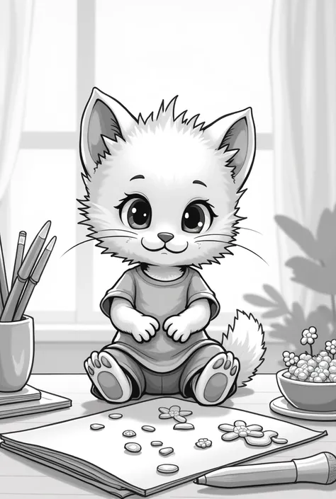 Kitten wearing tee and shorts making clay craft for colouring book in black and white