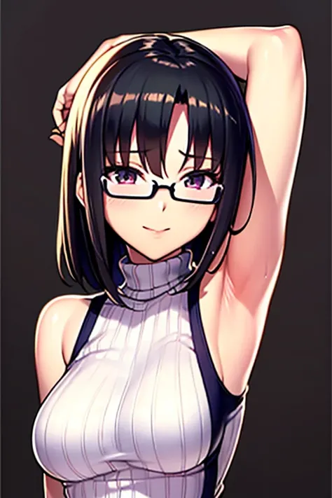 Akiha tohno (tsukihime), akiha tohno, tsukihime, (masutepiece, Highest Quality), Beautiful and aesthetic, 1girl, Idol, Elegant, (), medium hair, Portrait, lightsmile, (Sleeveless knitwear), Entire upper body, Simple background, open sexy armpits, sexy armp...