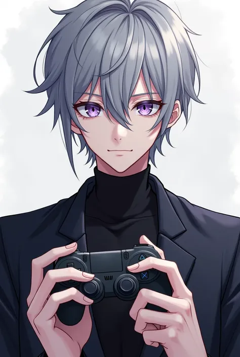 ((Best Quality)), ((masterpiece)), (detailed)、Character holding a game controller、male、Gray Hair、Purple Eyes、cool、Anime Style、Hand-drawn pictures