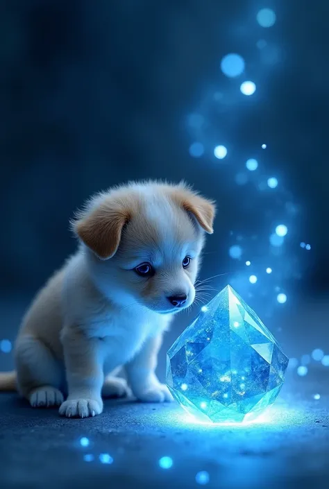 A puppy and a blue sapphire stone.that stone surrounded blue coloured lightings 