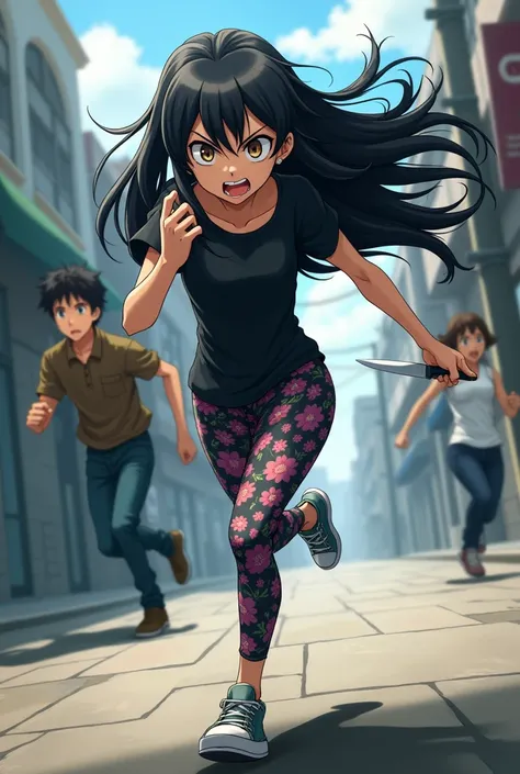 A teenage Anime girl with black hair in floral leggings and black short sleeve shirt and tennis shoes, angrily chases a scared teenage boy in jeans and jacket with a knife