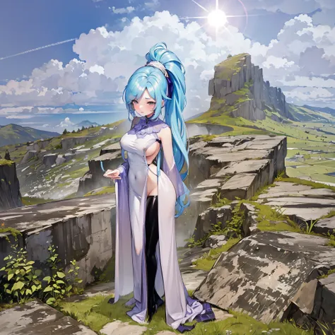 landscape, bluesky, sunlight, {Chrono Trigger Schala}, BREAK, (solo), (1 skinny girl standing:1.2), flying higher than crowds, looking for viewer, arms behind back, blue long hair, large breasts, narrow waist, skinny legs, BREAK, (tight-fit very long purpl...