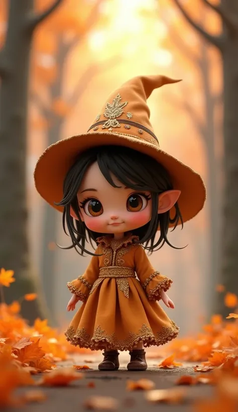 A 3D rendered illustration of a young chibi witch with a pointy hat, wearing an orange and golden hue dress. She is standing in an autumn woodland scene with falling leaves and tall trees. The background is blurred, showing the forest.in glittering black c...