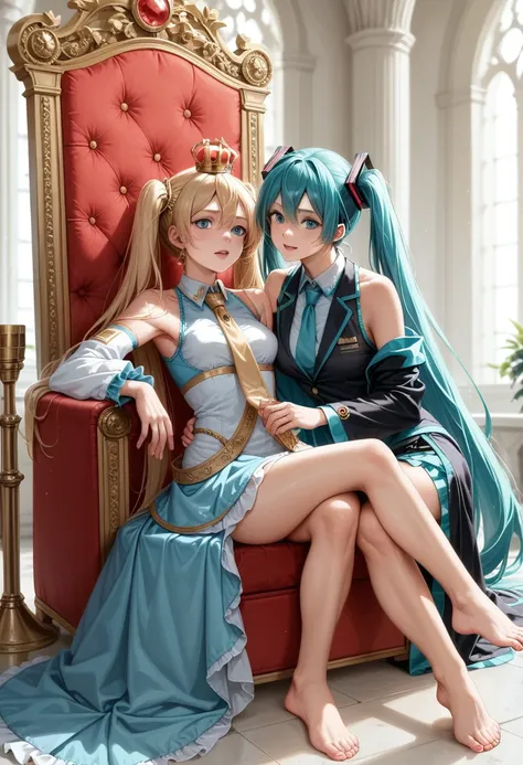 1girl, hatsune miku, princess outfit, crown, gold, ((throne)), in a castle, middle ages, wearing a blue vest, one foot on the gr...