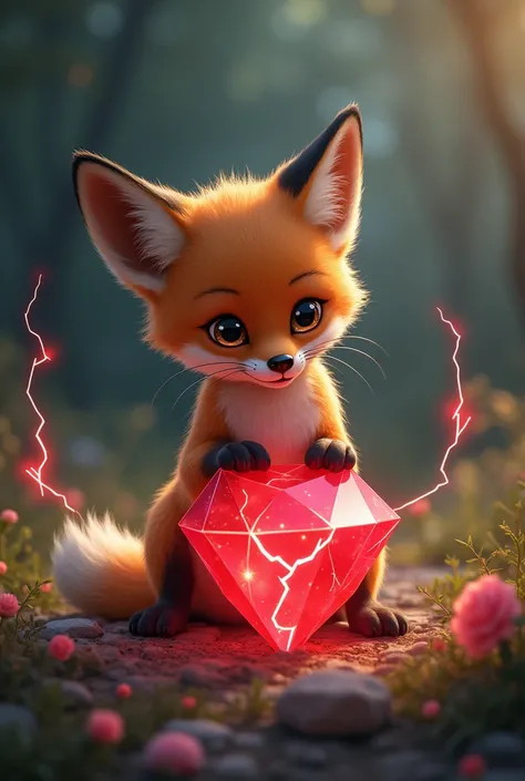 A baby  fox and a red ruby stone. The stone gets glow and lightnings a surrounding around the stone 