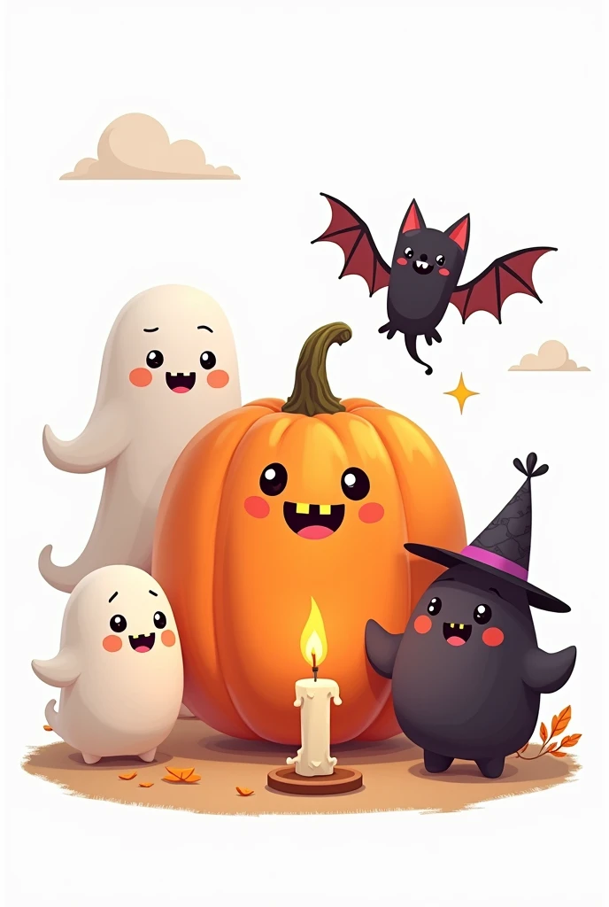 Design a cartoon image of Vanko, cute pumpkin ghost, little ghost, cute witch, cute bat, light a candle to celebrate Halloween, white background, unique.  