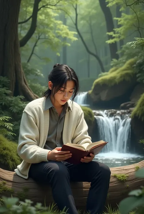 man 30 year old. With a young face, Lean body. brown eyes, thin face long hair. Hair tied with some loose strands, Light skin, lying on a log in a forest reading a book, with a small waterfall passing by. He wears a white sweater. With a gray shirt on top....