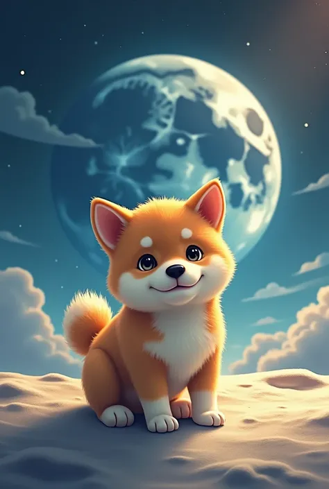 Create a babybonk shiba inu dog going to the moon and saying BUYS BUYS BUYS in the background 