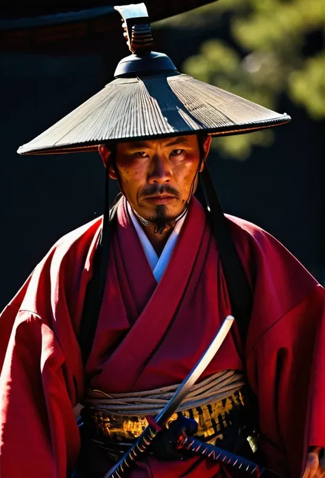 A crimson-colored Japanese samurai, chinese temple, darkness, Red Flashes, samurai katana, Evening, dirt floor, mascara, Japanese hat, Japanese armor, front page 