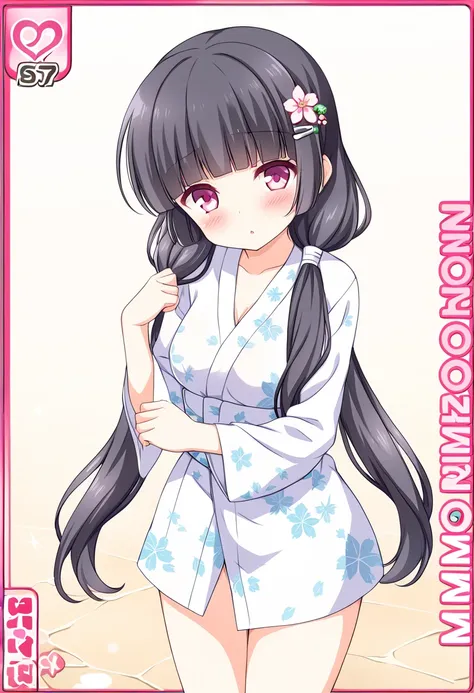 nsfw,((womanを一人だけ描く))、(Alone Girl)、(１woman)、MORIZONOMEI, BLACK HAIR, HAIR FLOWER, HAIRCLIP, BLUNT BANGS, LOW TWINTAILS, HAIR OVER SHOULDER, LONG HAIR, PINK EYES,High image quality、anime、Alone、clear,美しい日本のwoman、Smaller breasts、Beautiful breasts、hot spring、h...