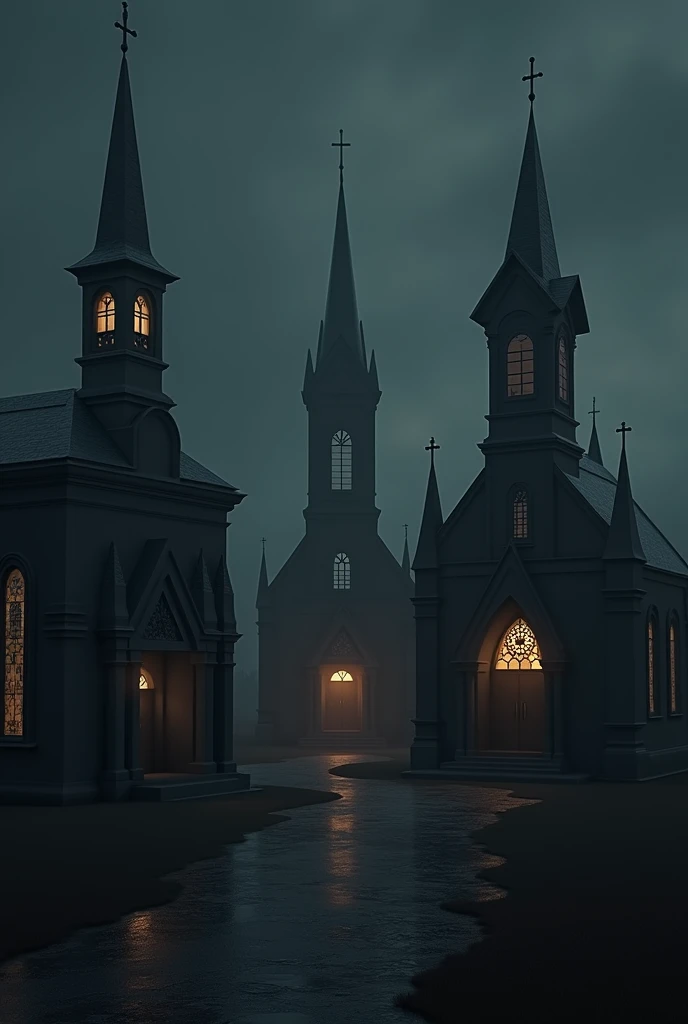 Realism realism Dark Five different Christian churches facing each other 