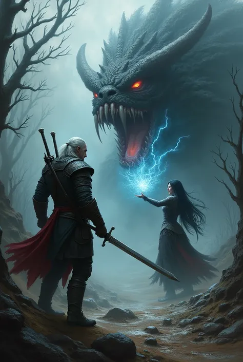 Geralt of Rivia next to Siri fighting a monster