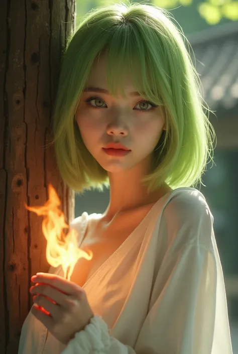 best quality image, Masterpiece level, ultra-high resolution, Reality, Fantasy Theme, canons, detalhes faciais, A girl, Solteiro, hair bob, fairy tale theme, trunk, Chinese architecture, Flame, Get detailed outdoor lighting and cinema lighting, Increase de...