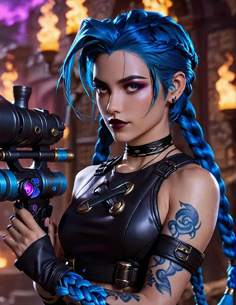 cinematic photo professional of a beautiful ((ohwx woman)), blue braided black hair, colorful makeup,  inspired by the character...