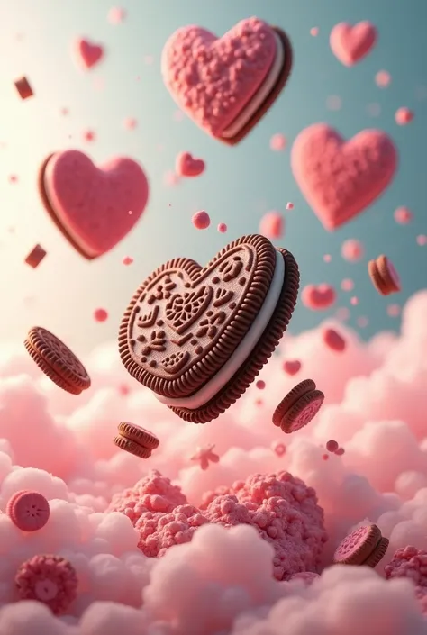 ((very detailed))(ultra realistic)(super defined)(masterpiece) heart shaped oreo cookies with cookie pieces falling from the sky
