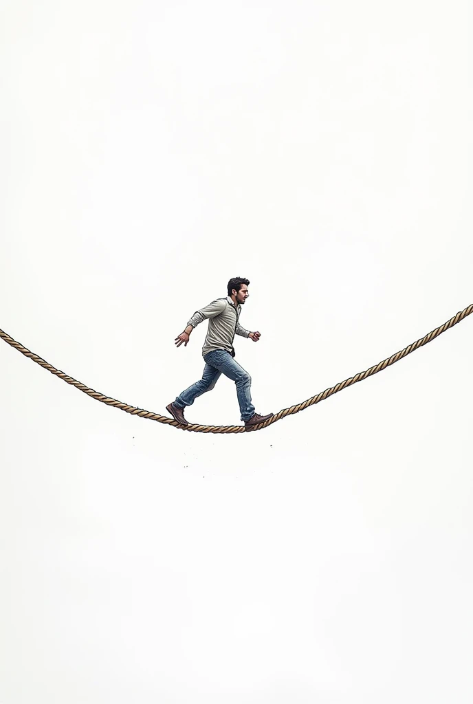 white background, Drawing illustration of a man walking towards success by taking risks, crossing over a high rope 