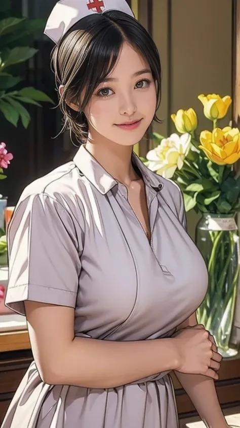 (masterpiece:1.2, Best Quality), (Realistic, photoRealistic), (Saggy boobs:1.5, Saggy boobs:1.5, Thin fabric), Written boundary depth, Gazing at the audience, Perfect Face, Cute Face, (Very short hair, Black Hair), Beautiful fingers, ((nurse, nurse, The fa...