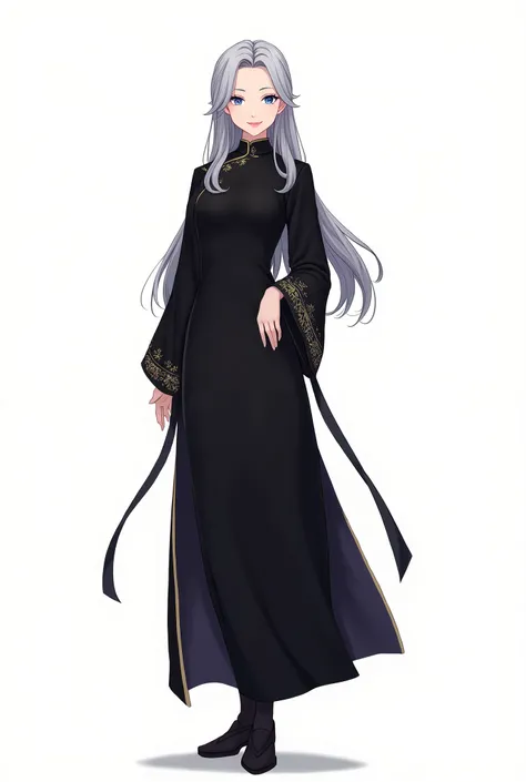 1 adult、whole bodyのイラスト、Gray Hair、Swept-up long hair、Blue Eyes、Slanted Eyes、smile、Winning spirit、exotic、Black long Chinese dress、front、whole body、Background white、Black tights、Black shoes、anime、Japanese