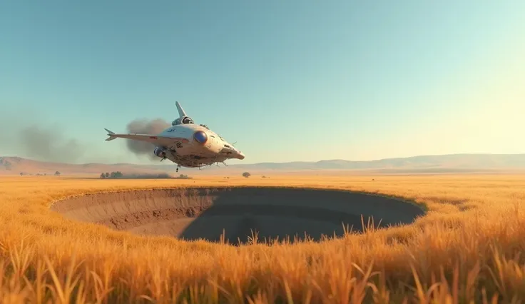 Pixar Style, the spacecraft crashes into a vast rural field on Earth, leaving a deep crater. The sky is clear, and the area appears tranquil, with smoke rising from the crash. No presence of Superman’s suit, only the spacecraft.

