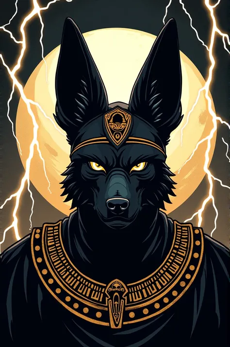 Drawing of the God Anubis, only lines without shading, with an angry face and lightning in the background with elements of Egyptian culture 