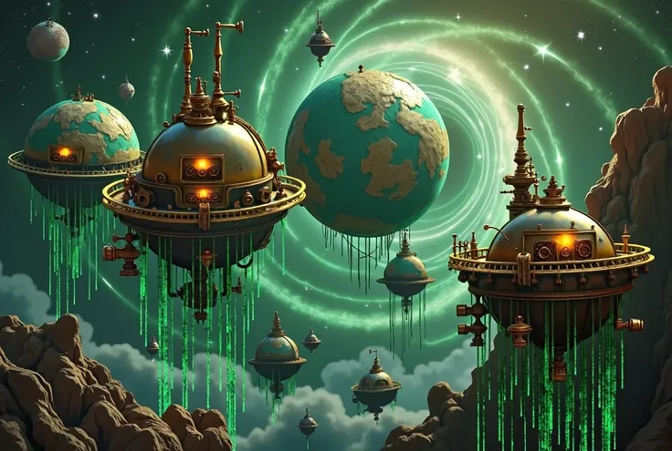 5 steampunk style planets,  and galaxies with wormholes, with a fascinating and shiny green rain in the style of matrix codes in the background