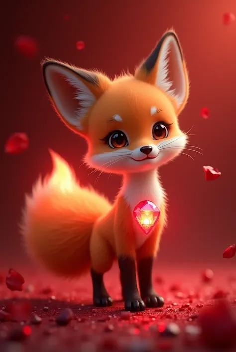 A baby fox fusion with the red ruby stone.a small flame was burning in the end of its tail.that standing in a red colour background 