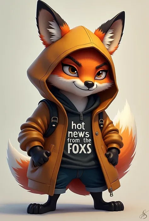 Crypto Trader Fox in Clothes with Hood In clothes there is an inscription &quot;Hot news from the Foxs&quot;