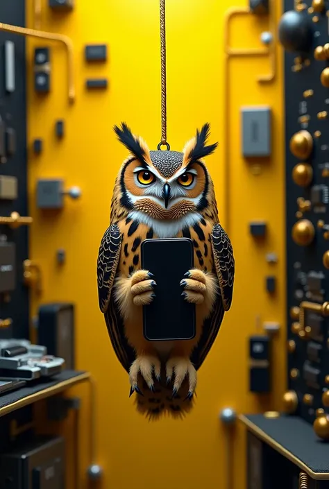 Create an image in 1800 x 600 pixels with 8K quality and realism. The background should be yellow and black. in the center, put a realistic owl holding a cell phone, hanging from a golden cord with the text "Barroso". Include some prominent electronics aro...