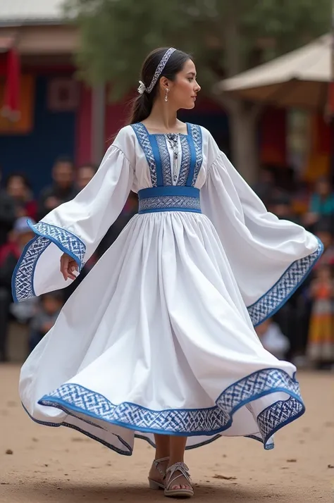 Design a dress of the tinku dance of Bolivian culture that is only white, that has long sleeves, that the dress length is up to the knees and with aguayo details in calixo blue