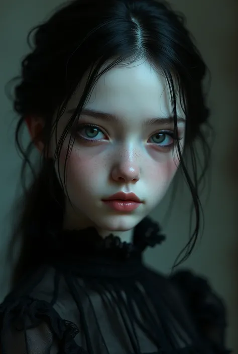 a beautiful gothic girl with dark expressions and adult face (well detailed face)
she&#39;s super pale