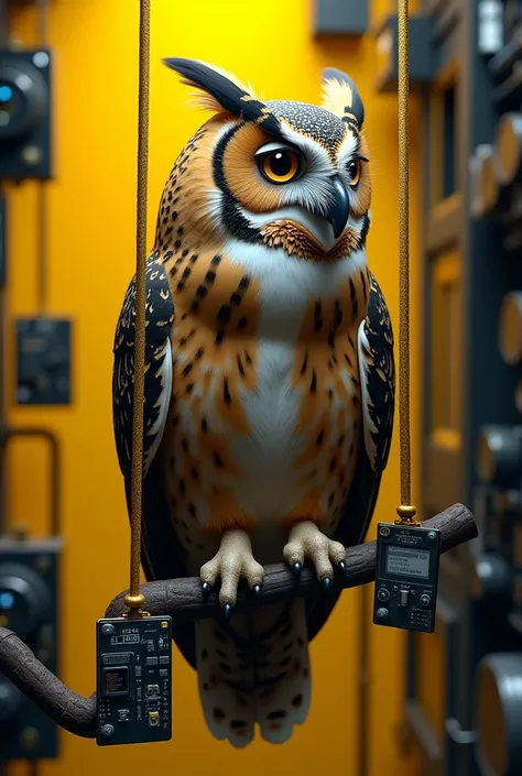 Create an image in 1800 x 600 pixels with 8K quality and realism. The background should be yellow and black. in the center, put a realistic owl holding a cell phone, hanging from a golden cord with the text "Barroso". Include some prominent electronics aro...