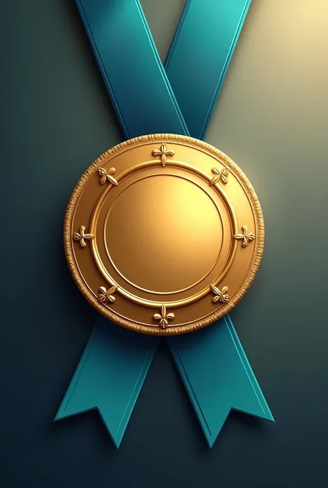 Create a vector of a gold medal, with blue and green ribbons behind it and on side, and a border with a lily design on the edge of the medal, transparent background and light reflection of gold, chiaroscuro, first-person view like a vector to edit after, c...