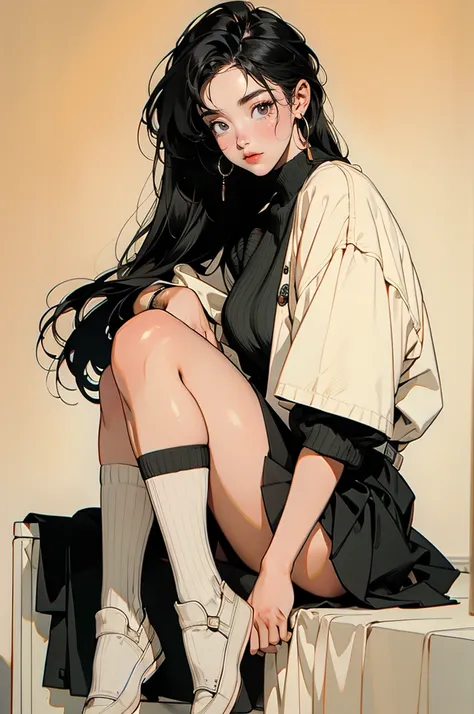 Woman, 20 years old, very long black hair, yellow eyes, glasses, thick, high fashion, short socks, solo