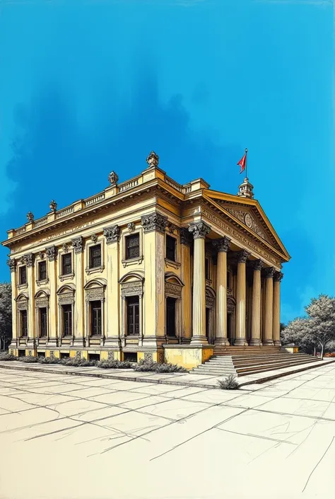 It is a drawing on a blue background of the building of the Ministry of Finance of Guatemala. 