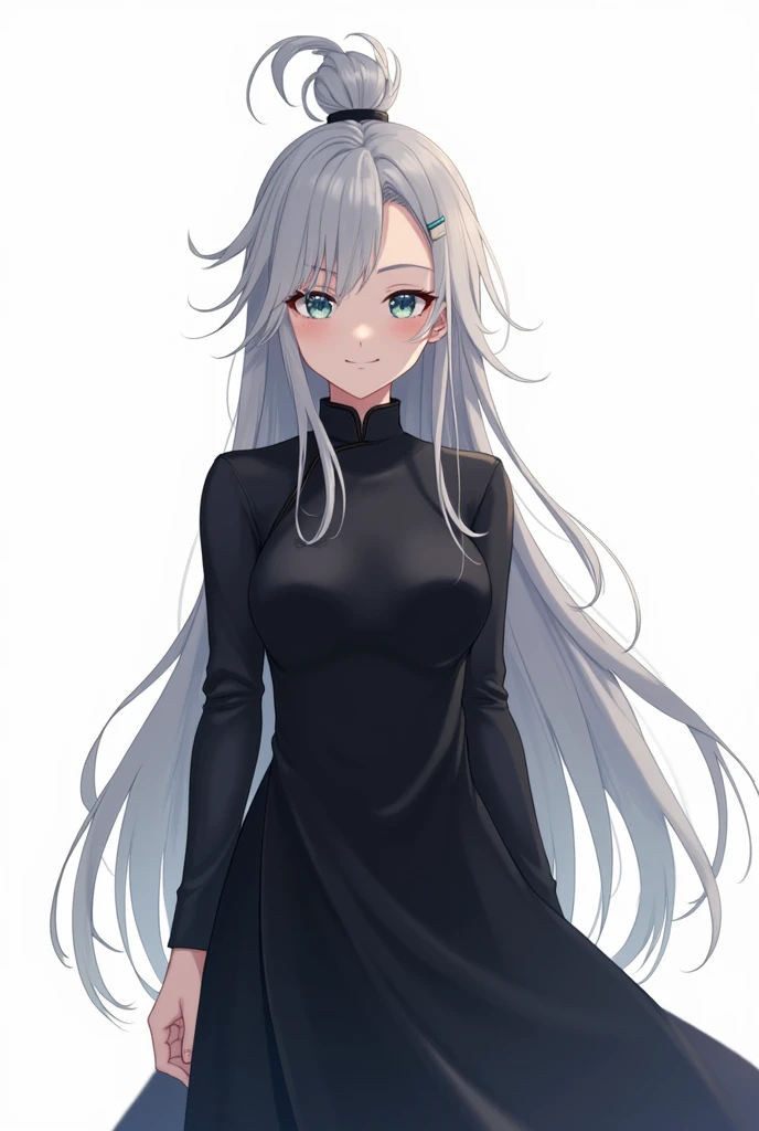 1 adult、Gray Hair、Swept-up long hair、Blue Eyes、Slanted Eyes、smile、Winning spirit、exotic、Black long Chinese dress、front、Background white、anime、Japanese、front立ち絵