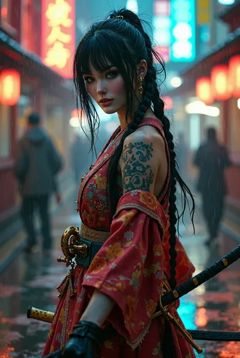 from a distance cinematic visual beautiful japanese woman hair bangs humanoid cyborgpunk robotic colorful torn kimono shabby elite braids holding sword dramatic neon tattoos sharp eyes kanji mantra japan outdoors rain wet hair walking outside in action cit...