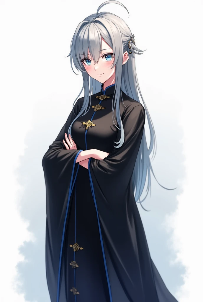 1 adult、Gray Hair、Swept-up long hair、Blue Eyes、Slanted Eyes、smile、Winning spirit、exotic、Black long Chinese dress、front、Background white、anime、Japanese、front立ち絵