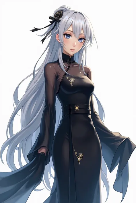 1 adult、Gray Hair、Swept-up long hair、Blue Eyes、Slanted Eyes、smile、Winning spirit、exotic、Black long Chinese dress、front、Background white、anime、Japanese、front立ち絵