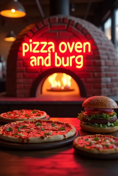 realistic art with the phrase pizza oven and burg written in neon, in the background something that resembles a brick wood oven, a pizza and a hamburger on each side