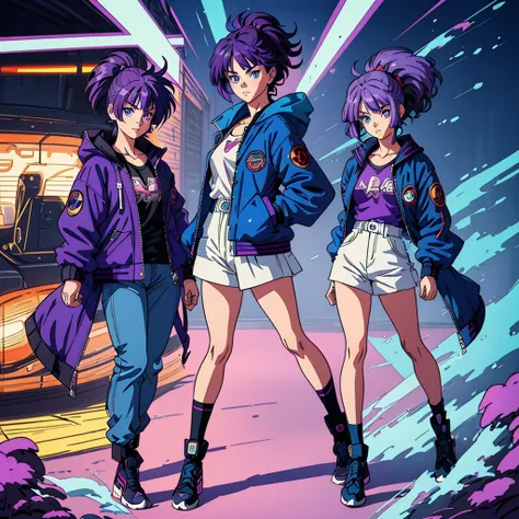 A character, with short, purple hair, blue eyes, (maximum detail), ((maximum quality)), blue jacket, 80s anime style hair, HD, , Full body, HD,Multiple angles 