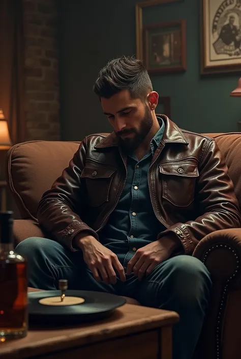 A man dressed in a leather jacket dressed in rock style sitting on the couch listening to the blues, without headphones, there&#39;s a blues record on the table next to a bottle of whiskey 