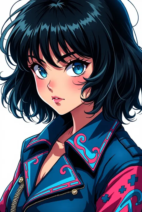 80&#39;s anime style girl, with hot clothes, very elaborate drawing, by black, blue eyes