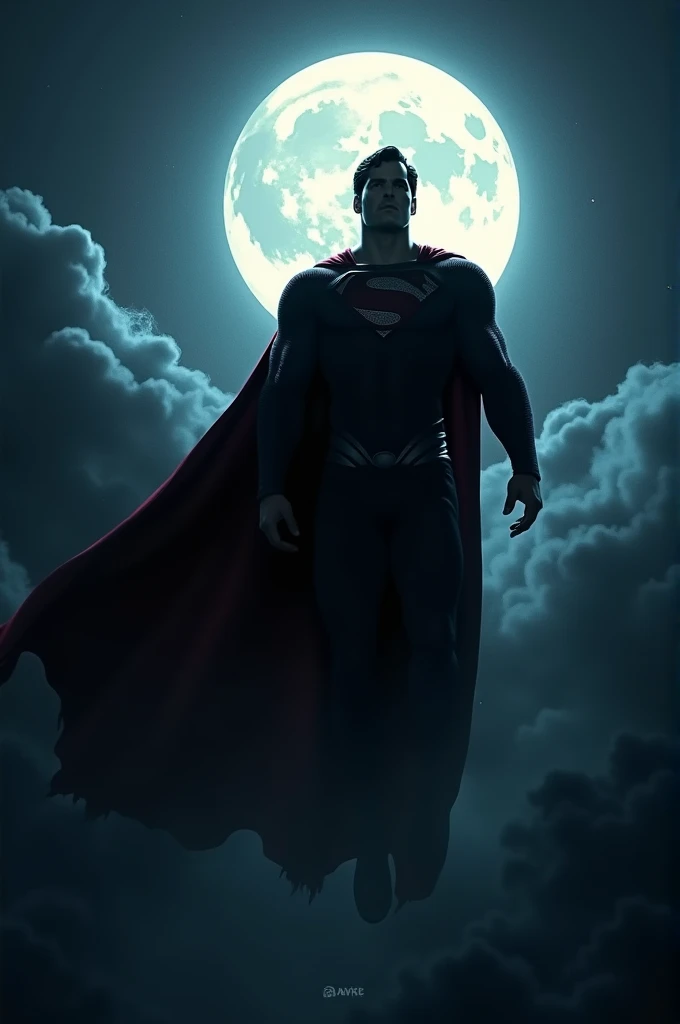 Make a shadow picture of super man flying behind the moon in dark devil night 
