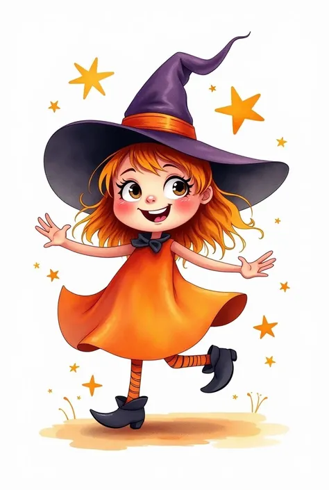 70s Watercolor Cartoon Design Cute Witch Celebrating Halloween Night White Background Unique  