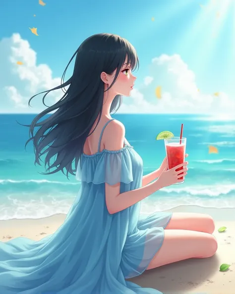 Realistic image, Capture the model with the watermelon smoothie in one hand and a sandwich in the other, sitting with her back slightly turned to the camera, looking out at the ocean. Her light blue Kafka dress should flow gracefully around her, and her bl...