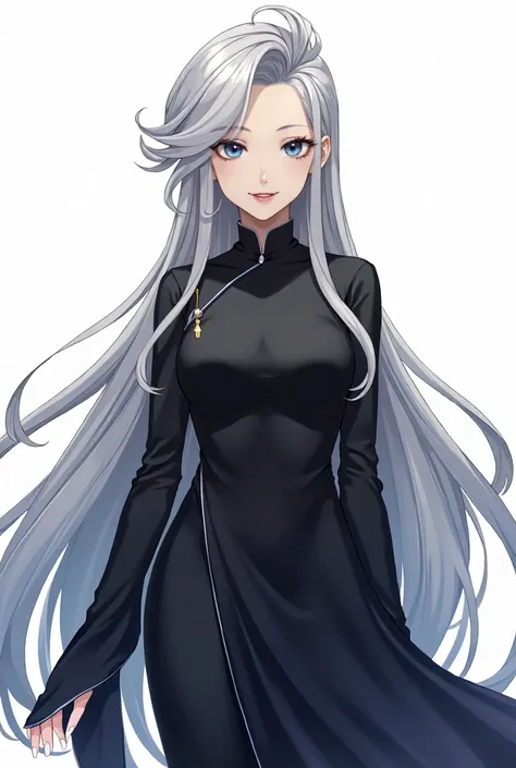 1 adult、Gray Hair、Swept-up long hair、Blue Eyes、Slanted Eyes、smile、Winning spirit、exotic、Black long Chinese dress、front、Background white、anime、Japanese、front立ち絵