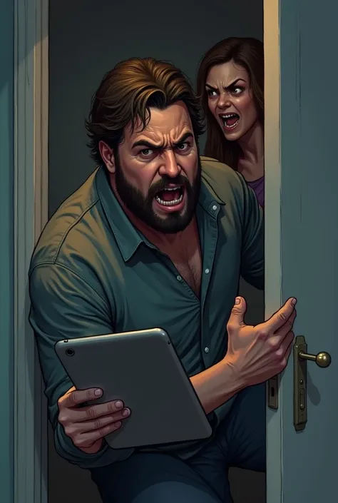 Give me a bearded man closing the door scared of his sister who’s angry standing behind the door the man is holding apple ipad and is scared the sister is trying to get in the room but the man is not allowing her to enter the room sister should look angry ...